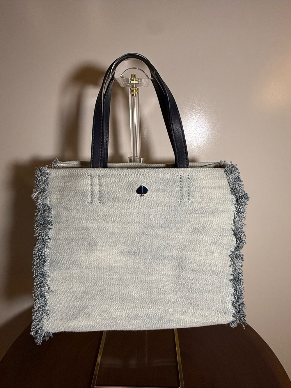 Kate Spade Sam Denim Tote Light Wash Fringe Navy Leather NWOT